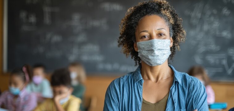 Black elementary teacher conducting math class while wearing a mask during the COVID 19 pandemic - Powered by Adobe