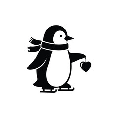 Black penguin wearing scarf ice skating holding heart