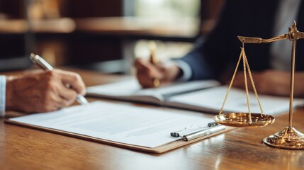 Female attorney and businesswoman reviewing contracts with a brass scale on a wooden desk Legal consultation and justice theme