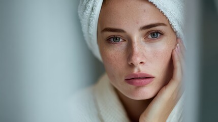 Attractive woman with skin issues gazing in a mirror Dermatological concerns Allergic reaction from makeup causing facial redness or rash Skin care for beauty issues