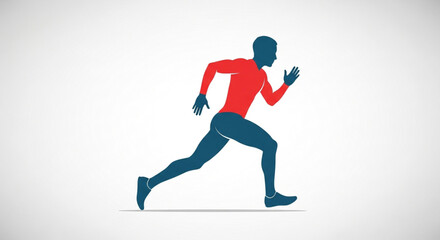 A runner in motion, depicted in a dynamic vector illustration with red and blue accents, showcasing speed and energy