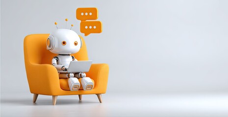 A friendly robot sits in an orange armchair, working on a laptop, with a chat bubble above its head