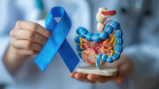 Physician displaying a blue ribbon alongside a colon model promoting colorectal cancer awareness in March related to colonic diseases and digestive health