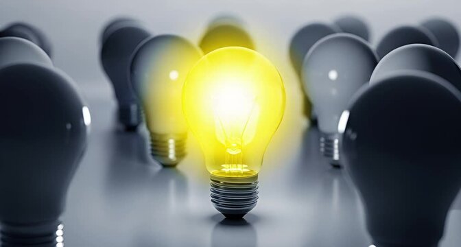 A single bright yellow light bulb illuminates amongst a crowd of dark, unlit bulbs, symbolizing innovation, ideas, and standing out from the norm animated 4k video