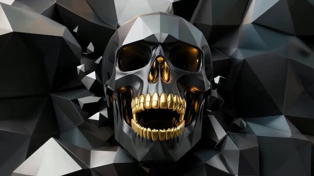 Geometric skull with gold teeth against a polygonal background creates a striking and modern design perfect for edgy art or digital graphics projects