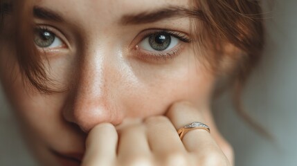 Close up of a distressed young woman holding a wedding ring disheartened by her marriage s end feeling unhappy and frustrated with relationship issues