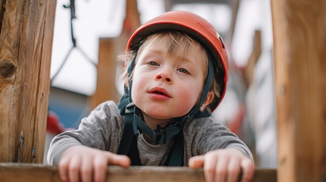 A child with Down syndrome participates in an obstacle course while another child with a helmet plays on a playground alongside other developing children - Powered by Adobe