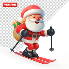 Santa Claus delivering gifts while skiing, 3D vector. Suitable for events, business and sports