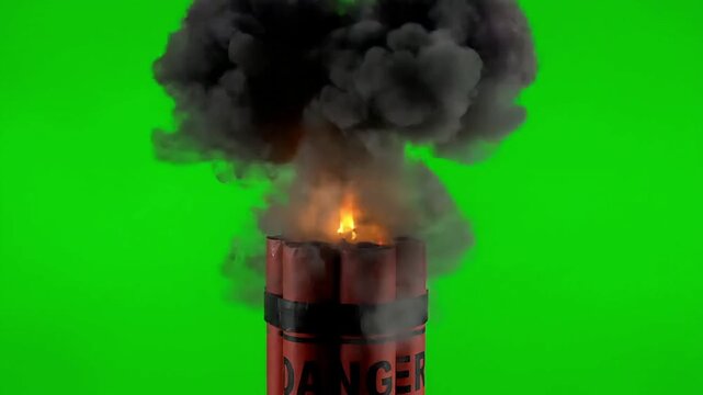 Dynamite fuse burning intensely with smoke rising against a vibrant green background, signaling imminent explosion and high risk action