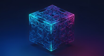 Abstract Cyber Cube Digital Network of Blue and Purple Lines Creating Futuristic 3D Geometric Art