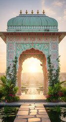 Ornamental archway with decorative patterns at sunset