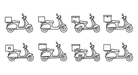 Collection of vintage scooter delivery icons in black and white line art