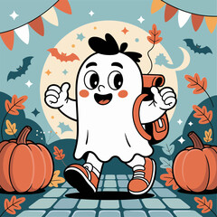 happy ghost walking through pumpkins, orange bunting and leaves, cute trick or treat scene, friendly halloween evening vector