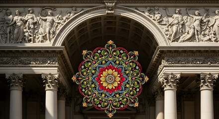 Ornamental mandala against classical architecture