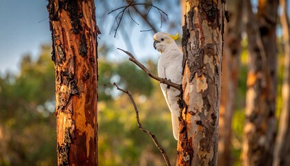 Yellow-crested cockatoo perched on tree trunk
