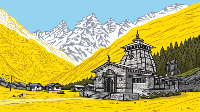 Drawing of Kedarnath Temple in Garhwal Himalayas for Religious and Adventure Travel Campaigns