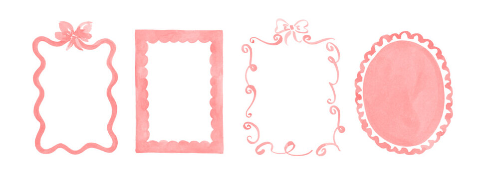 Set of hand drawn curves, swirls, curly, bows, ribbons, frames. Retro, vintage design elements for card, frame, invitation, logo. Watercolor texture. 