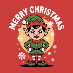 merry christmas elf character, striped clothes and hat, joyful workshop helper, snowy flakes, winter greeting, festive cartoon vector