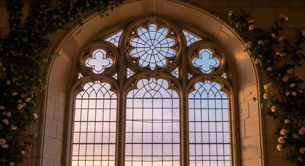 Ornate arched window with floral decoration