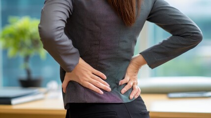 Menopausal woman with lower back pain due to osteoporosis and office syndrome seeks orthopedic care for physiotherapy