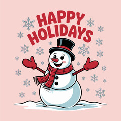 Happy holidays typographic poster, pastel pink background with snowflakes, cheerful seasonal message, retro vintage Christmas card illustration