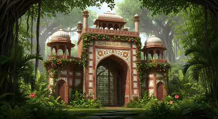 Ornate architectural entrance in lush greenery