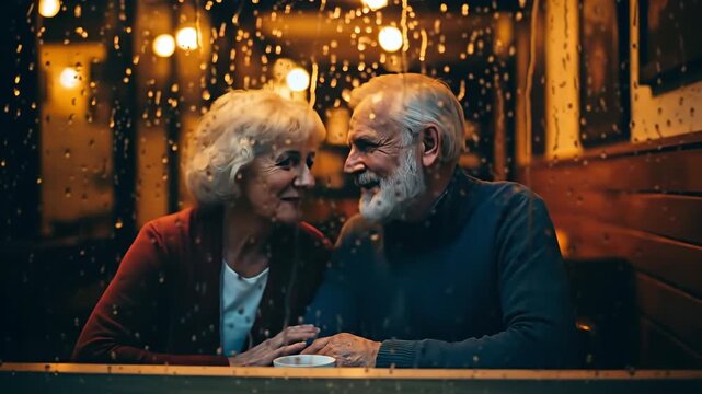 An elderly couple cafe by rain swept window share romance and warm light, two seniors together cozy date, smile and laughter with intimacy and love, autumn evening indoors, tender relationship