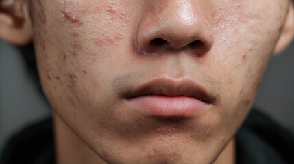 Naklejka premium Zoomed in portrait of an Asian teen male with acne and skin issues Skincare theme