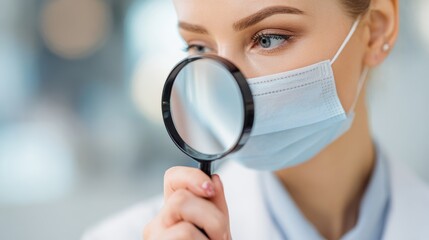 Fototapeta premium Female dermatologist closely examining a patient in a clinic with a magnifying glass ample empty space