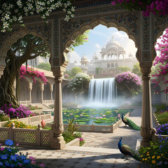 Ornate courtyard scene with water feature and peacocks