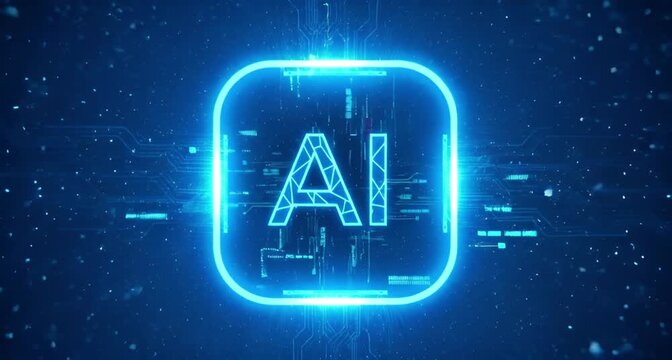 Glowing blue ai logo with futuristic circuit board background and particles animated 4k video
