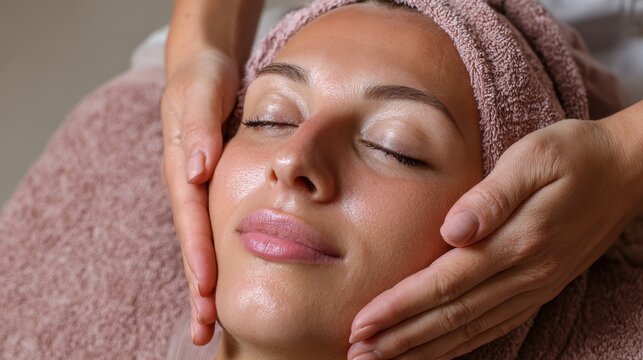 Facial exercise A woman enjoying a rejuvenating facial massage at a spa Lymphatic drainage treatment for the face