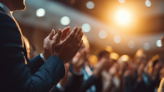 Audience applauding at a successful seminar about profit growth and achievements People smiling and cheering for investment wins and award celebrations
