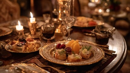 Fototapeta premium Table set with food candles and glasses for a festive or celebratory occasion.