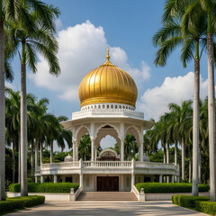Ornate golden domed structure amidst palm trees
