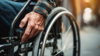 Obraz premium Detail shot of a disabled man s hand maneuvering a wheelchair Disability theme