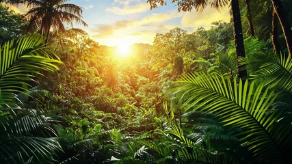 Vibrant tropical jungle with golden sunlight filtering through lush green foliage exotic palm trees for sunrise serenity nature beauty rainforest adventure concept - Powered by Adobe
