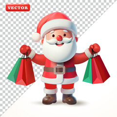 Happy Santa Claus holding a shopping bag, 3D vector. Suitable for events and businesses