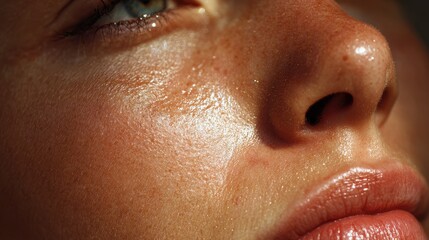 Close up of oily skin with large pores and shine highlighting texture and sebum Ideal for dermatology skincare or cosmetic purposes illuminated by natural sunlight