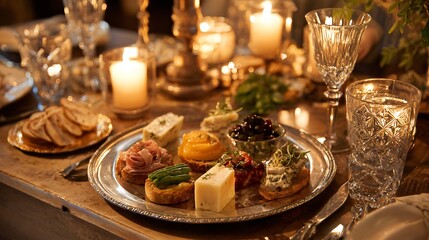 Table setting with appetizers candles and glasses in warm lighting.