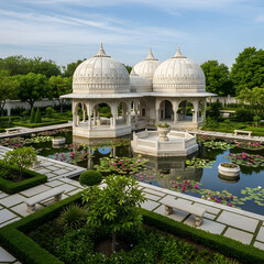 Ornate structure reflecting in water garden