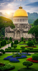 Ornate temple with golden dome amidst lush gardens