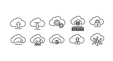 Obraz premium Set of hand drawn cloud computing icons representing various services and concepts