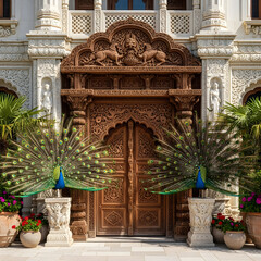 Peacock displaying feathers in front of ornate wooden doorway
