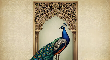 Peacock in ornate architectural frame