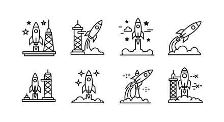 Collection of rocket launch and space exploration icons in a simple line art style © Runa