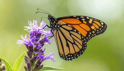 Obraz premium Monarch butterfly perched on delicate purple flower with soft natural light and green blurred background, showcasing vibrant orange and black wings in close up macro shot