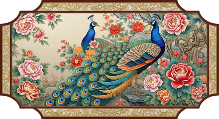 Peacocks amidst floral bloom decorative panel