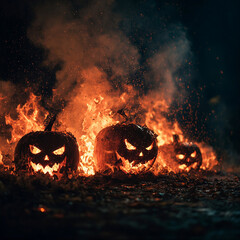 Fiery Halloween Pumpkins Rising from Flames