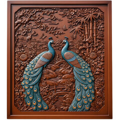 Peacocks carved wood relief sculpture